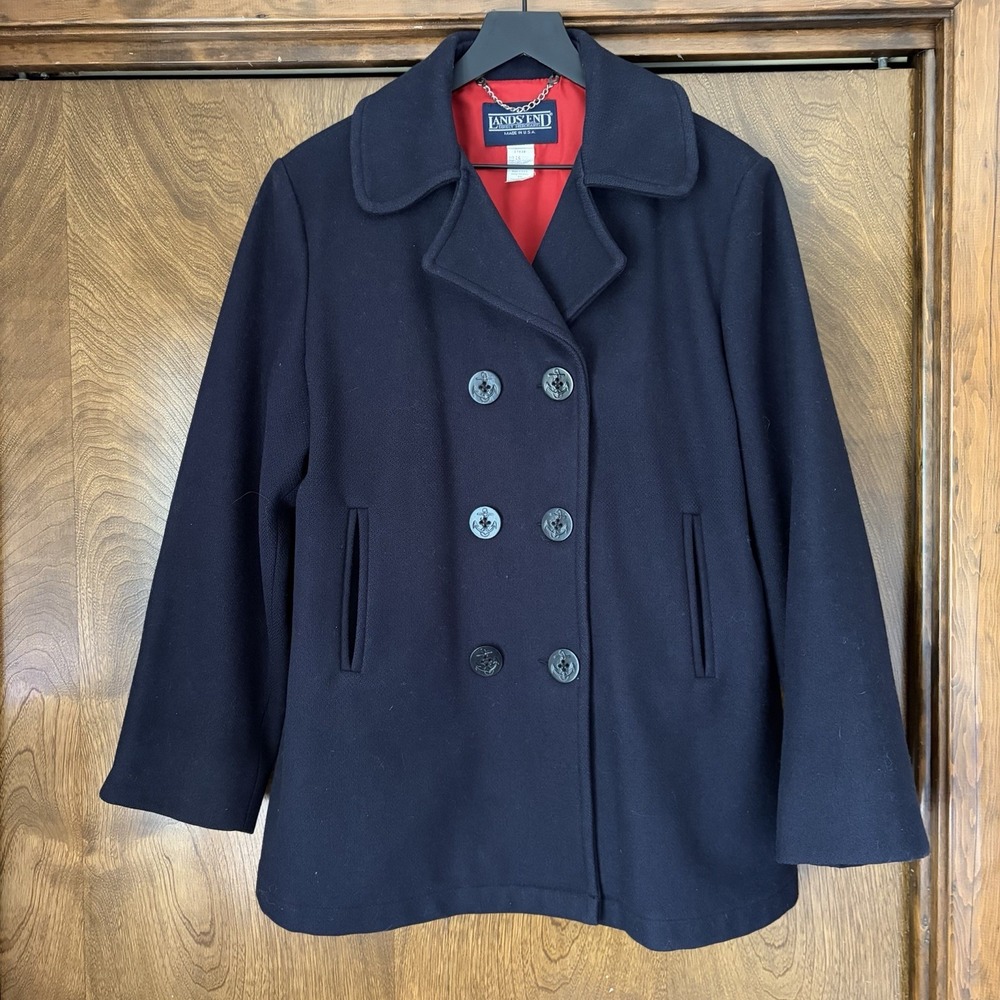 VTG Lands End Womens Size 16 100% Pure Wool Navy Peacoat Nautical USA Preppy